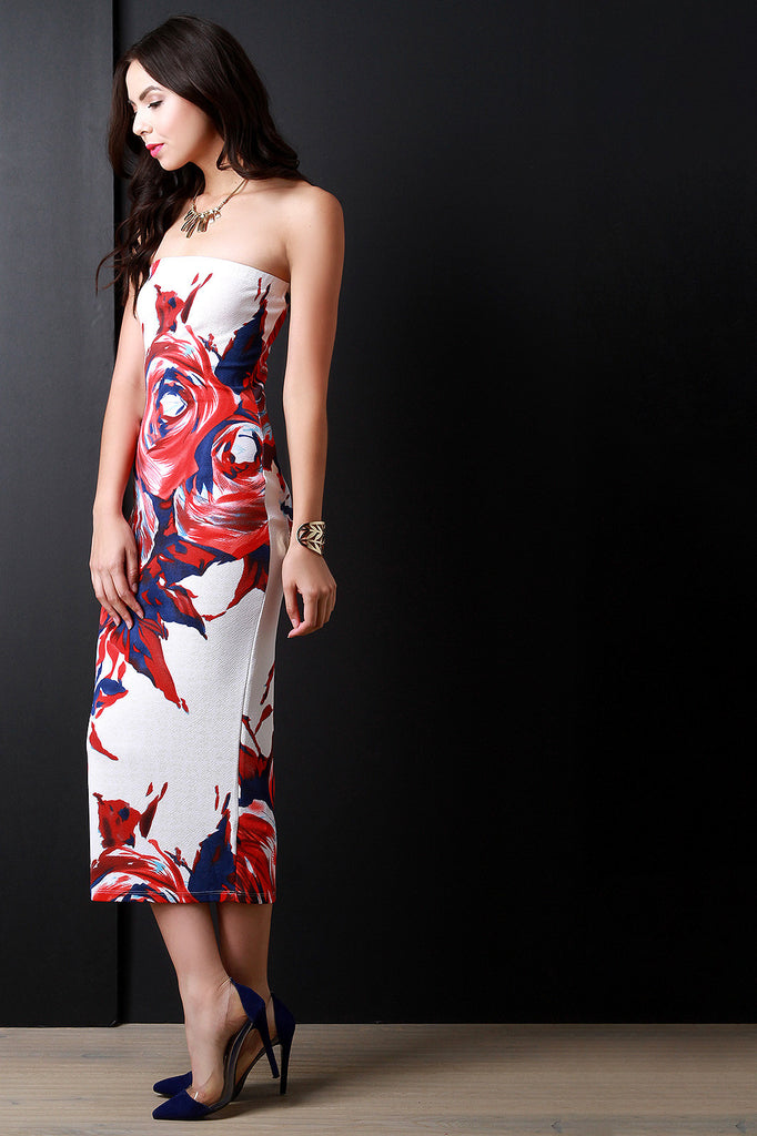 Abstract Spiral Floral Strapless Bodycon Dress