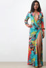 Abstract Watercolor Deep Slit Long Sleeves Maxi Dress